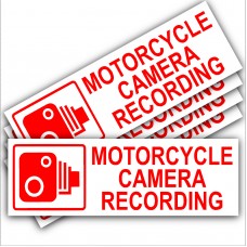 5 x Motorcycle Camera Recording-Red on White-Security Stickers-Small 87mm x 30mm-CCTV Signs-Motorbike